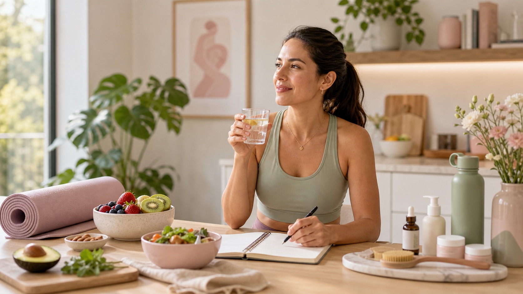 Mujer integrando nutricion, deporte, piel y bienestar diario