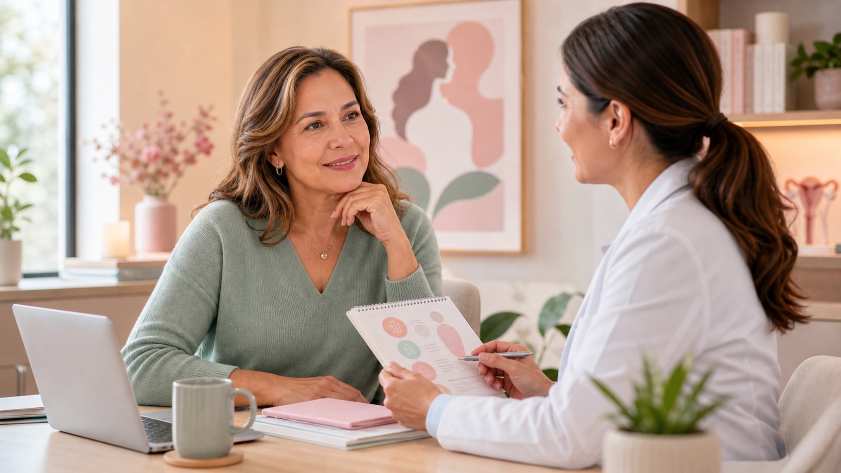 Mujer conversando con especialista sobre menopausia y salud hormonal