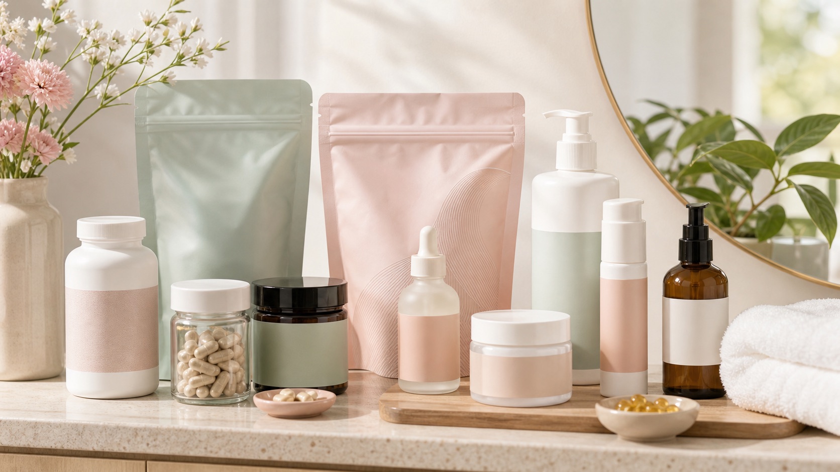 Productos de skincare y suplementos curados para salud femenina